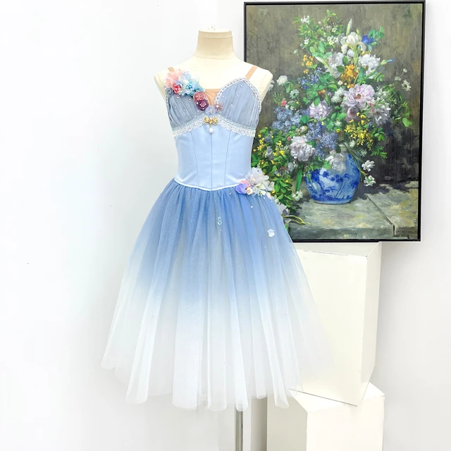 Light Blue Gradient Long Ballet Dress 3D Floral Camisole Romantic Ballet Stage Performance Costume|B