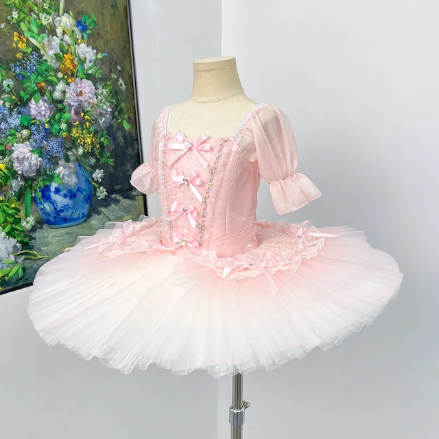 Pink Puff Sleeve Ballet Tutu Dress Bow Rhinestone Professional Girls Ballet Stage Performance Costum
