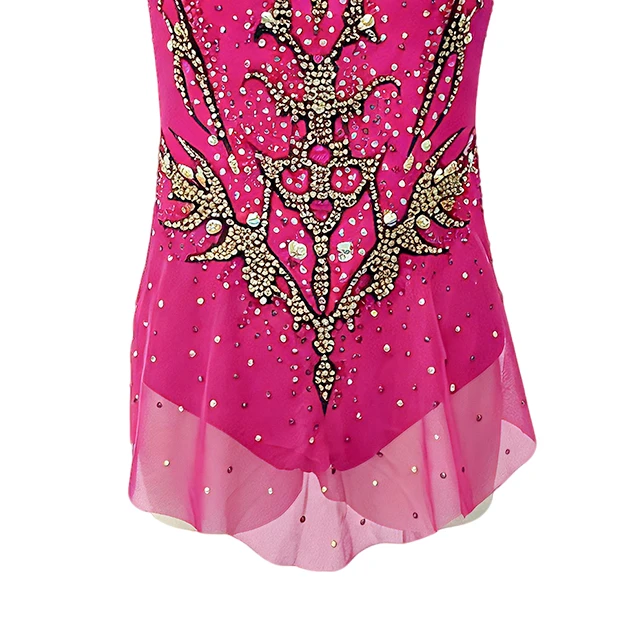 Fuchsia Pink Figure Skating Dress Gold Rhinestone Sleeveless Mesh Neck Ice Skating Competition Costu