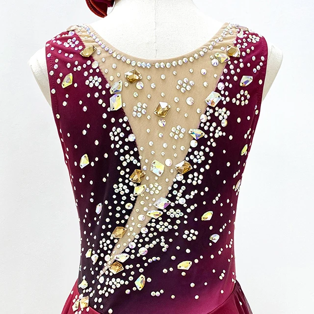 Wine Red Ombre Rhinestone Figure Skating Dress Performance Skating Costume|G24007