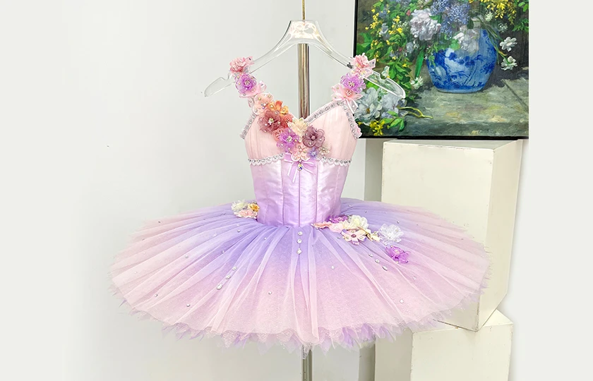 Purple Pink Gradient Ballet Tutu Dress 3D Floral Camisole Professional Girls Ballet Stage Costume|BL