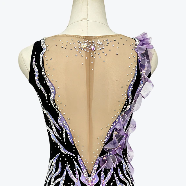 Black Purple Figure Skating Dress 3D Ruffle Rhinestone Sleeveless Competition Ice Skating Costume|BL