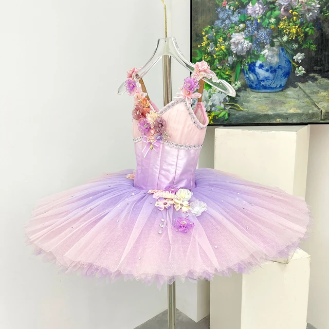 Purple Pink Gradient Ballet Tutu Dress 3D Floral Camisole Professional Girls Ballet Stage Costume|BL
