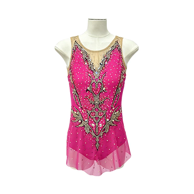 Fuchsia Pink Figure Skating Dress Gold Rhinestone Sleeveless Mesh Neck Ice Skating Competition Costu