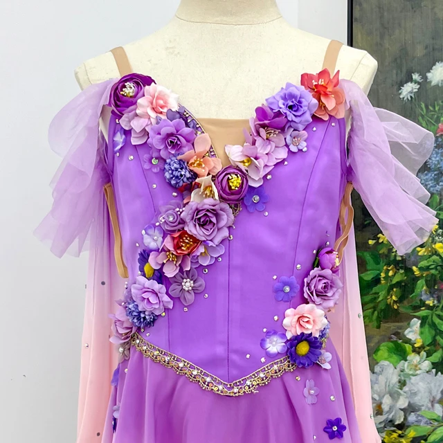 Purple Pink Gradient Ballet Costume 3D Floral Handmade Dance Dress Fairy Stage Performance Dress