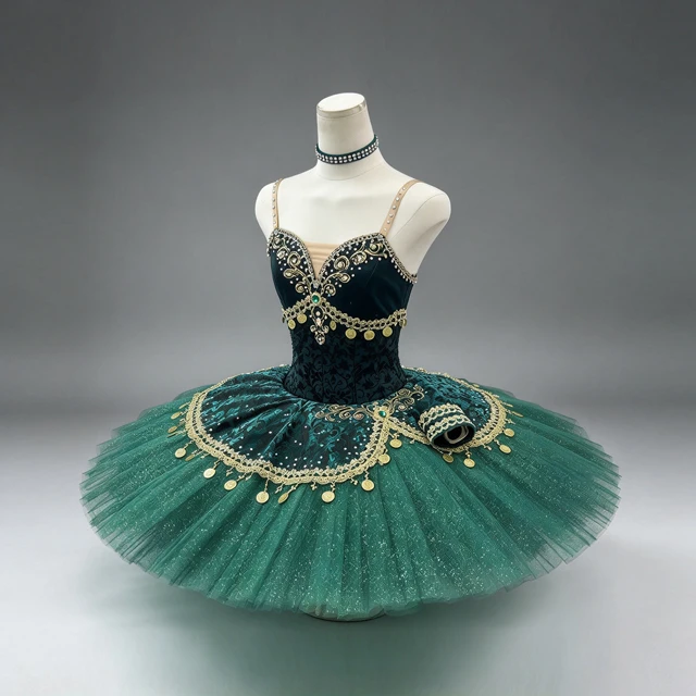Dark Green Professional Ballet Tutu Dress Gold Coin Rhinestone Classical Ballet Stage Performance Co
