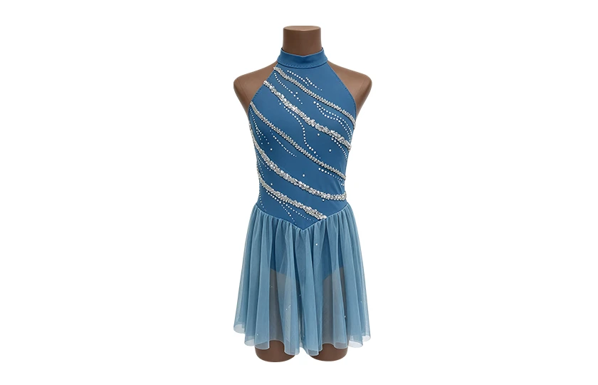 Teal Blue Lyrical Dance Dress Halter Neck Rhinestone Contemporary Dance Competition Costume|BLG0058