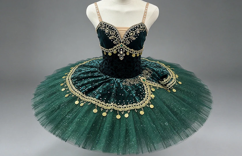 Dark Green Professional Ballet Tutu Dress Gold Coin Rhinestone Classical Ballet Stage Performance Co