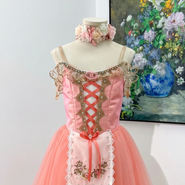 Peach Pink Romantic Ballet Dress Apron Floral Lace Professional Story Ballet Stage Performance Costu
