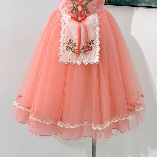 Peach Pink Romantic Ballet Dress Apron Floral Lace Professional Story Ballet Stage Performance Costu