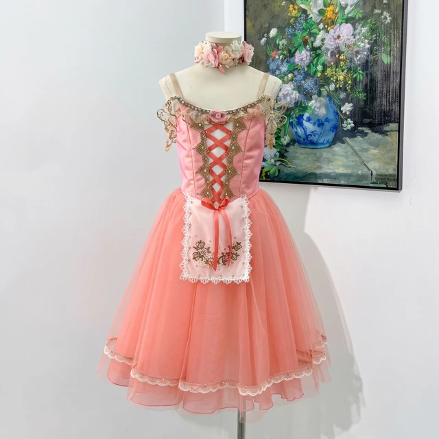 Peach Pink Romantic Ballet Dress Apron Floral Lace Professional Story Ballet Stage Performance Costu