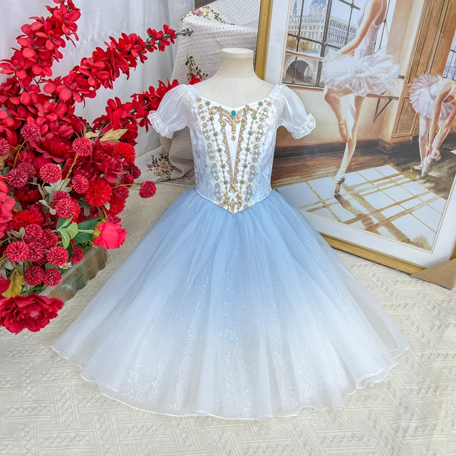 Princess Style Romantic Ballet Costume Square Neck Puff Sleeve Gradient Tulle Ballet Performance Dre