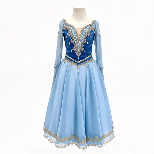 Blue Long Sleeve Romantic Ballet Dress Gold Lace Rhinestone Professional Ballet Stage Performance Co