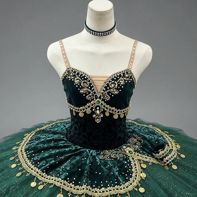 Dark Green Professional Ballet Tutu Dress Gold Coin Rhinestone Classical Ballet Stage Performance Co