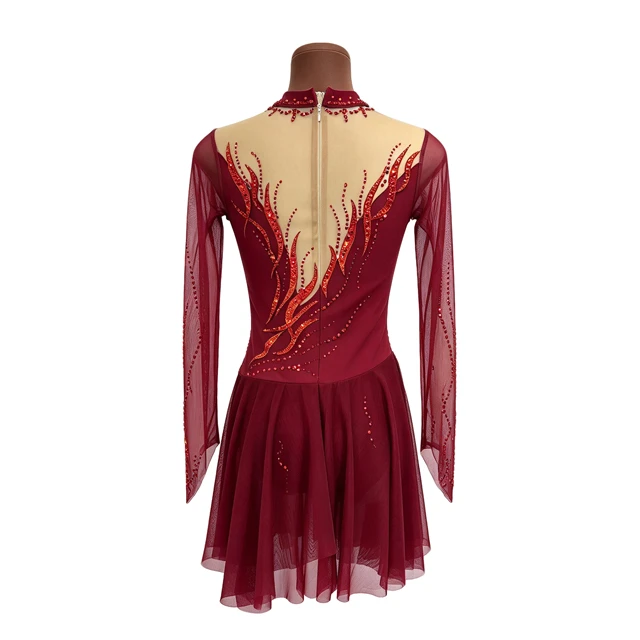 Burgundy Long Sleeve Lyrical Dance Dress Flame Pattern Rhinestone Contemporary Dance Competition Cos