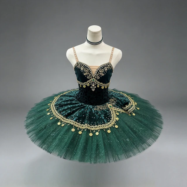 Dark Green Professional Ballet Tutu Dress Gold Coin Rhinestone Classical Ballet Stage Performance Co