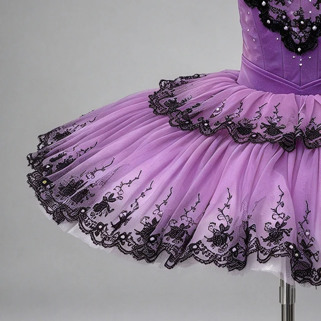 Purple Classical Ballet Tutu Dress Black Lace Rhinestone Professional Ballet Competition Stage Costu