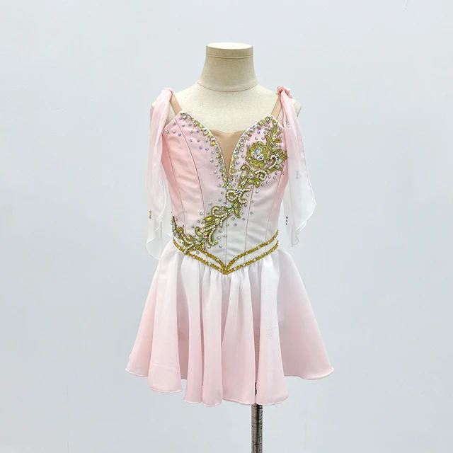 Pink Gradient Cupid Lyrical Dance Dress Bow Strap Gold Applique Rhinestone Contemporary Dance Stage