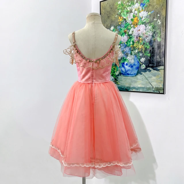 Peach Pink Romantic Ballet Dress Apron Floral Lace Professional Story Ballet Stage Performance Costu