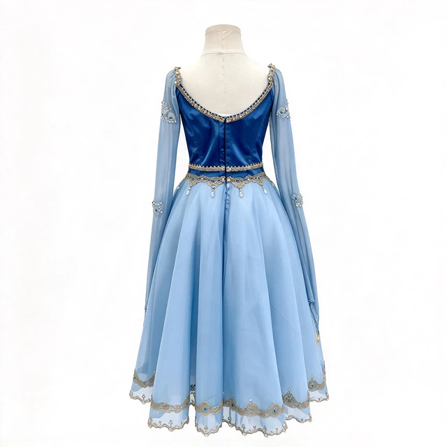 Blue Long Sleeve Romantic Ballet Dress Gold Lace Rhinestone Professional Ballet Stage Performance Co
