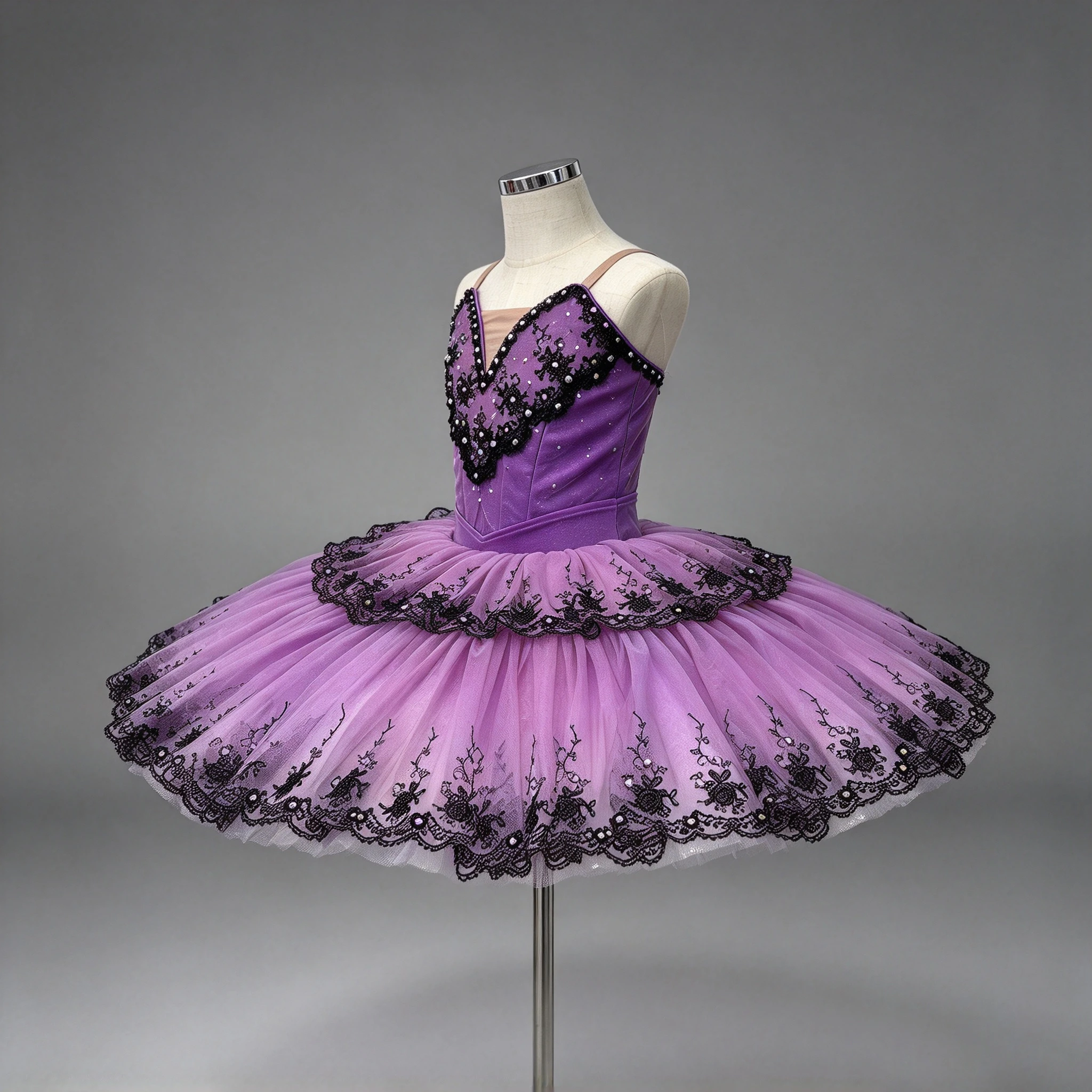Purple Classical Ballet Tutu Dress Black Lace Rhinestone Professional Ballet Competition Stage Costu