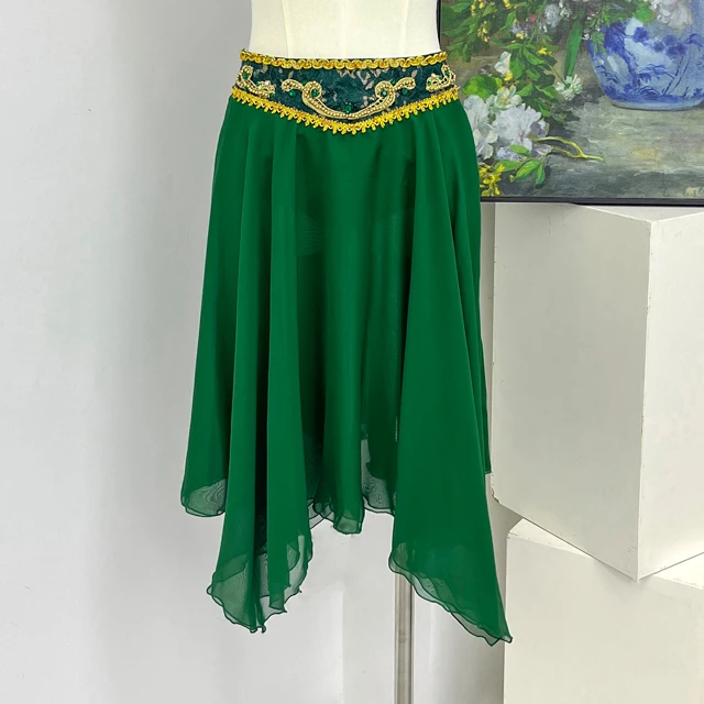Green Two-Piece Oriental Belly Dance Costume Gold Lace Beaded Asymmetrical Chiffon Skirt Stage Perfo