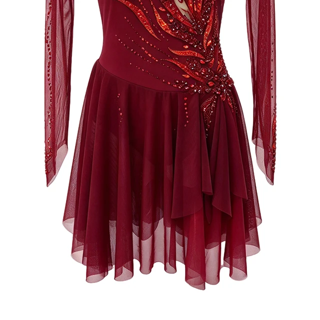 Burgundy Long Sleeve Lyrical Dance Dress Flame Pattern Rhinestone Contemporary Dance Competition Cos