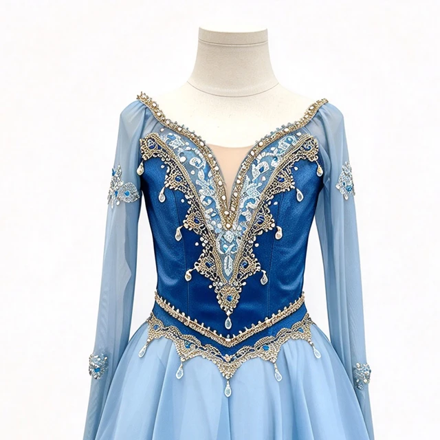 Blue Long Sleeve Romantic Ballet Dress Gold Lace Rhinestone Professional Ballet Stage Performance Co