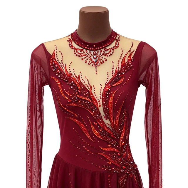 Burgundy Long Sleeve Lyrical Dance Dress Flame Pattern Rhinestone Contemporary Dance Competition Cos