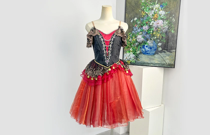 Black Red Spanish Style Ballet Costume Rhinestone Lace Romantic Ballet Competition Dress|BLC2326