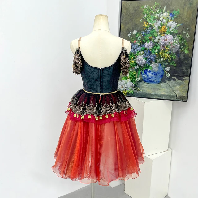Black Red Spanish Style Ballet Costume Rhinestone Lace Romantic Ballet Competition Dress|BLC2326