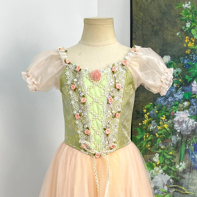 Green Pink Pastoral Peasant Ballet Dress Floral Lace Romantic Ballet Recital Costume|BLC2501