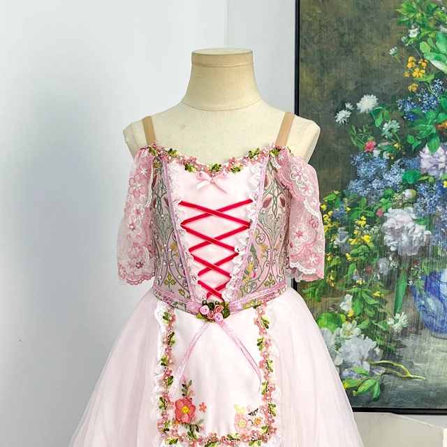 Pink Peasant Ballet Tutu Dress Floral Lace Off Shoulder Ballet Variation Performance Costume|BLC2592