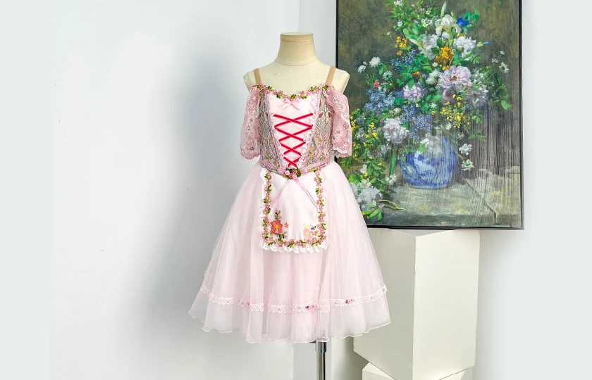 Pink Peasant Ballet Tutu Dress Floral Lace Off Shoulder Ballet Variation Performance Costume|BLC2592
