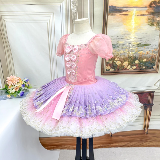 Pink Purple Ombre Ballet Tutu Dress Puff Sleeve Bow Decor Professional Ballet Competition Costume|BL