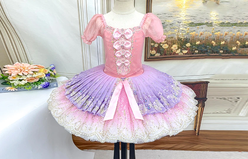 Pink Purple Ombre Ballet Tutu Dress Puff Sleeve Bow Decor Professional Ballet Competition Costume|BL