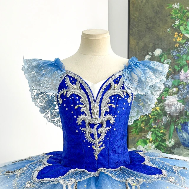 Royal Blue Gradient Ballet Tutu Dress Ruffle Shoulder Professional Ballet Competition Costume for Gi