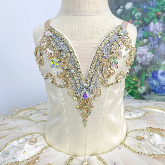Cream Gold Ballet Tutu Dress, V-neck Rhinestone Professional Ballet Costume|BLT2296