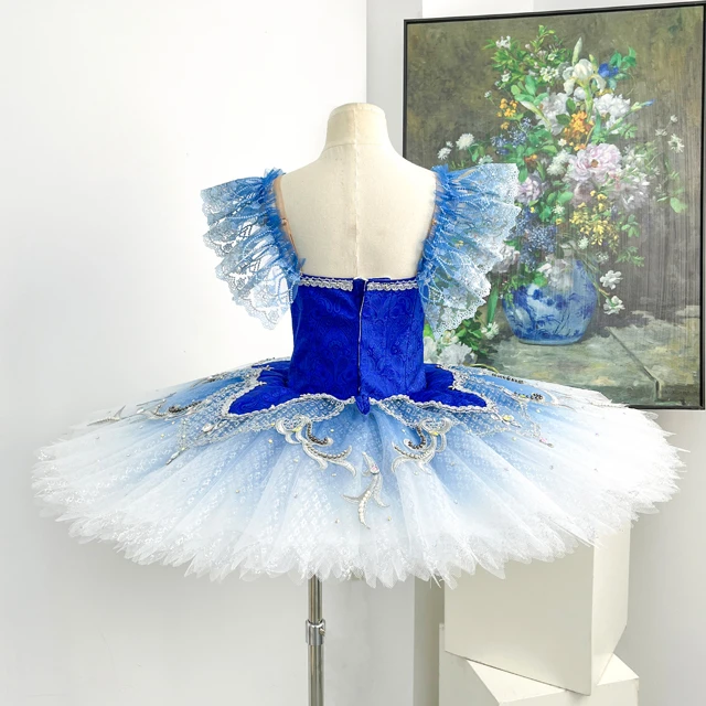 Royal Blue Gradient Ballet Tutu Dress Ruffle Shoulder Professional Ballet Competition Costume for Gi