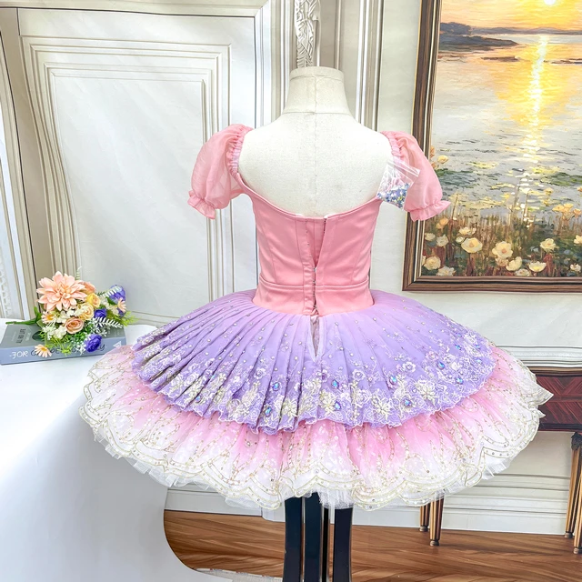 Pink Purple Ombre Ballet Tutu Dress Puff Sleeve Bow Decor Professional Ballet Competition Costume|BL