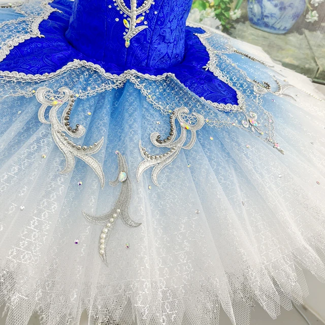 Royal Blue Gradient Ballet Tutu Dress Ruffle Shoulder Professional Ballet Competition Costume for Gi