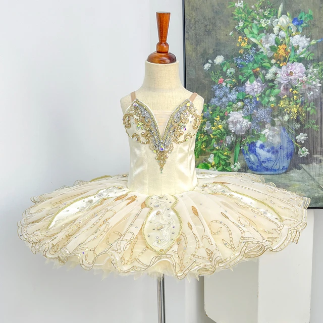 Cream Gold Ballet Tutu Dress, V-neck Rhinestone Professional Ballet Costume|BLT2296