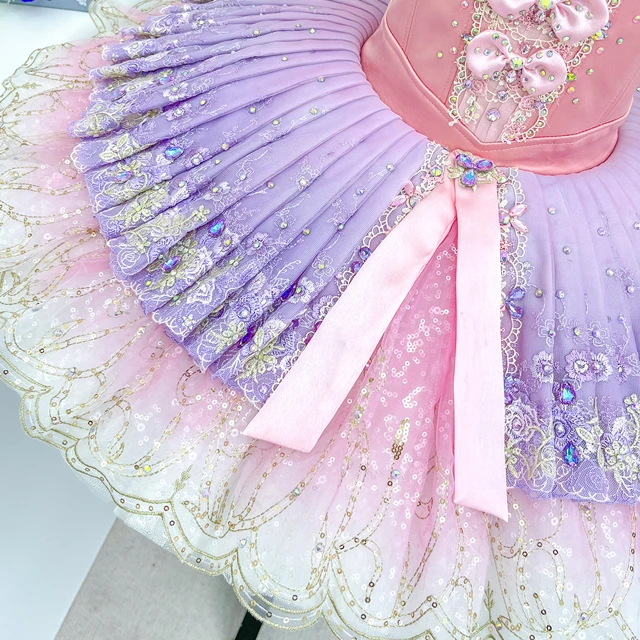 Pink Purple Ombre Ballet Tutu Dress Puff Sleeve Bow Decor Professional Ballet Competition Costume|BL