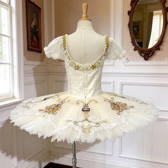 Cream White Gold Embellished Ballet Tutu Dress Professional Ballet Competition Costume for Girls|BLT
