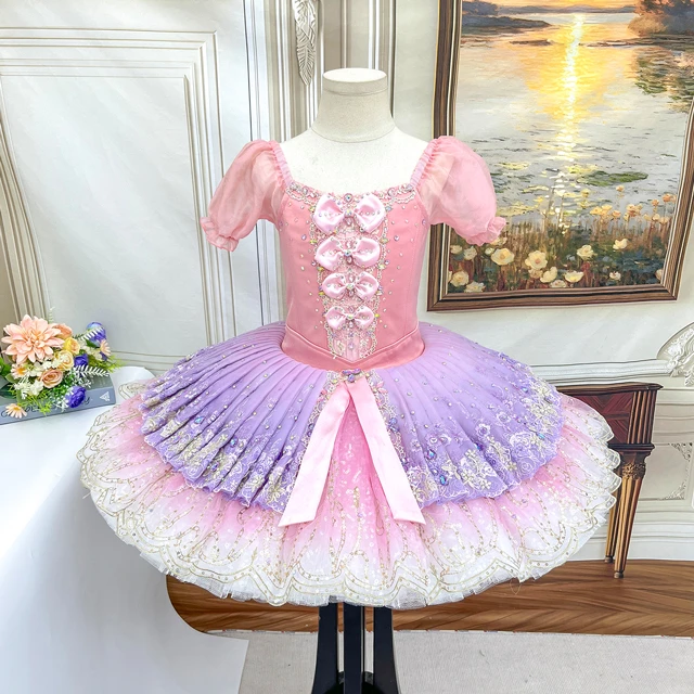 Pink Purple Ombre Ballet Tutu Dress Puff Sleeve Bow Decor Professional Ballet Competition Costume|BL