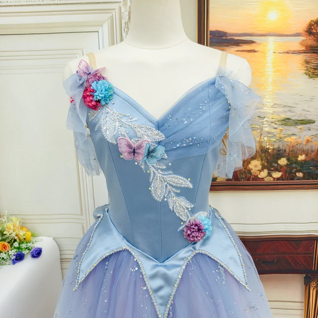 Light Blue Gradient Romantic Professional Fairy Ballet Costume with Floral & Butterfly Decor|BLC2502