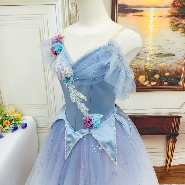 Light Blue Gradient Romantic Professional Fairy Ballet Costume with Floral & Butterfly Decor|BLC2502