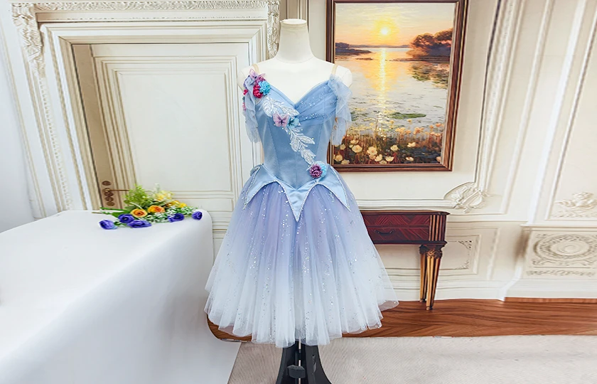Light Blue Gradient Romantic Professional Fairy Ballet Costume with Floral & Butterfly Decor|BLC2502