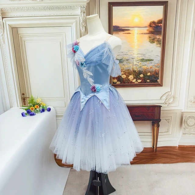 Light Blue Gradient Romantic Professional Fairy Ballet Costume with Floral & Butterfly Decor|BLC2502