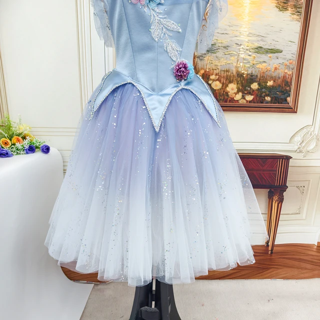 Light Blue Gradient Romantic Professional Fairy Ballet Costume with Floral & Butterfly Decor|BLC2502
